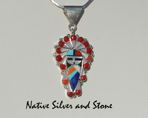 Z Stanford Gchachu-Zuni<br>1-7/16" Pendant<br>Sun Face Multi-Inlay<br>Coral, Lapis, White Mother of Pearl, Turquoise,  Jet, and<br>Orange Spiny Oyster