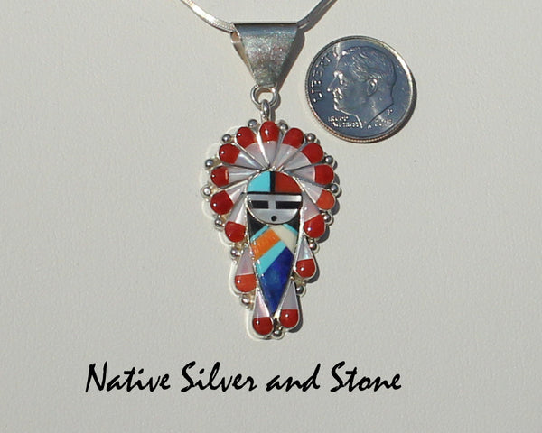Z Stanford Gchachu-Zuni<br>1-7/16" Pendant<br>Sun Face Multi-Inlay<br>Coral, Lapis, White Mother of Pearl, Turquoise,  Jet, and<br>Orange Spiny Oyster