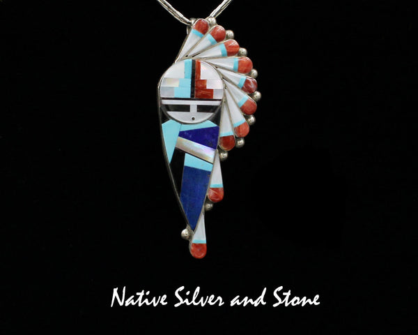 Z Stanford & Geraldine Gchachu - Zuni<br>2-7/8" Pendant/Pin<br>Sun Face Multi-Inlay - Med Large<br>Side Headress<br>Lapis, Turquoise, <br>White Mother of Pearl<br>Orange Spiny & Jet<br>Sterling Silver