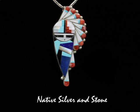 Z Stanford & Geraldine Gchachu - Zuni<br>2-7/8" Pendant/Pin<br>Sun Face Multi-Inlay - Med Large<br>Side Headress<br>Lapis, Turquoise, <br>White Mother of Pearl<br>Orange Spiny & Jet<br>Sterling Silver