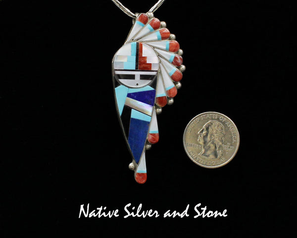 Z Stanford & Geraldine Gchachu - Zuni<br>2-7/8" Pendant/Pin<br>Sun Face Multi-Inlay - Med Large<br>Side Headress<br>Lapis, Turquoise, <br>White Mother of Pearl<br>Orange Spiny & Jet<br>Sterling Silver