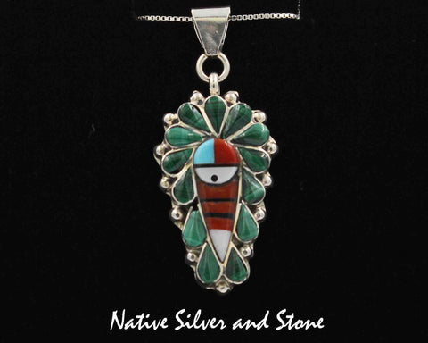 Z Stanford Gchachu - Zun<br>1-1/16"  Pendant<br>Sun Face Multi-Inlay<br>Malachite, Coral, Mother of Pearl, Turquoise, Jet
