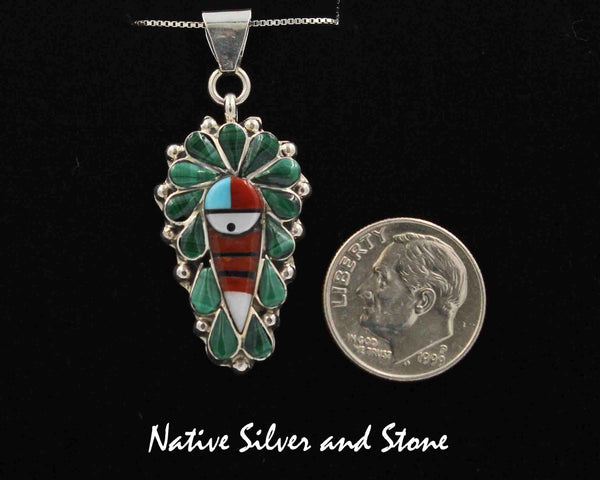 Z Stanford Gchachu - Zun<br>1-1/16"  Pendant<br>Sun Face Multi-Inlay<br>Malachite, Coral, Mother of Pearl, Turquoise, Jet