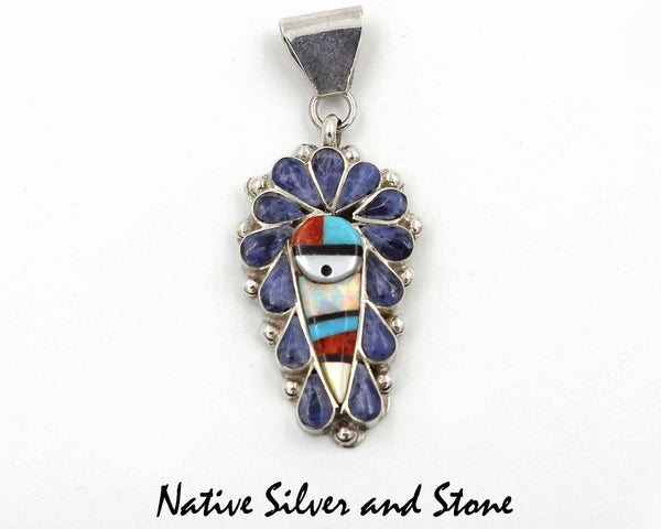 Z Stanford Gchachu - Zuni<br>Pendant<br>2 Medium<br>Sun Face Multi-Inlay<br>Denim Lapis, Turquoise,  Jet, MOP<br>Orange Spiny and Opal
