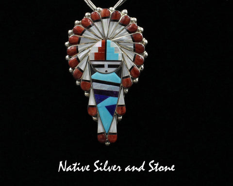 Stanford & Geraldine Gchachu - Zuni<br>2-7/16" Pendant/Pin<br>Sun Face Multi-Inlay - Med Large<br>White Mother of Pearl<br>Orange Spiny, Opal, Purple Spiny,<br>Turquoise, Jet, and Lapis<br>Sterling Silver