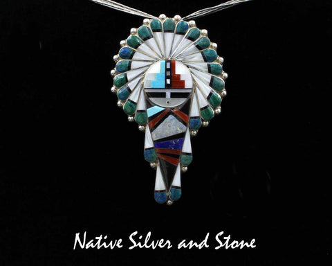 Z Stanford & Geraldine Gchachu - Zuni<br>3" Pendant/Pin<br>Sun Face Multi-Inlay - Large<br>White Mother of Pearl<br>Chrysocolla, Opal, Lapis, Turquoise,<br>Jet, and Orange Spiny<br>Sterling Silver