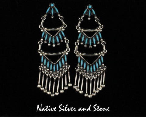 Stewart Nakatewa - Zuni<br>2-1/4" Earrings - Chandelier<br>Tri Level Needlepoint<br>Sleeping Beauty Turquoise<br>Dangle-Post<br>Paddles<br>Sterling Silver