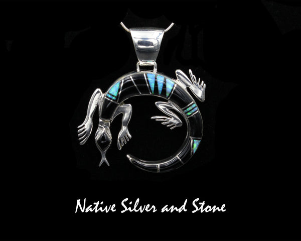 Stoneweaver - Navajo Jewelry<br>1-1/4" Pendant - Lizard<br>Onyx & Opal<br>Sterling Silver