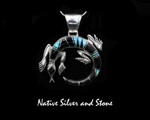 Stoneweaver - Navajo Jewelry<br>1-1/4" Pendant - Lizard<br>Onyx & Opal<br>Sterling Silver