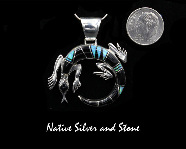 Stoneweaver - Navajo Jewelry<br>1-1/4" Pendant - Lizard<br>Onyx & Opal<br>Sterling Silver