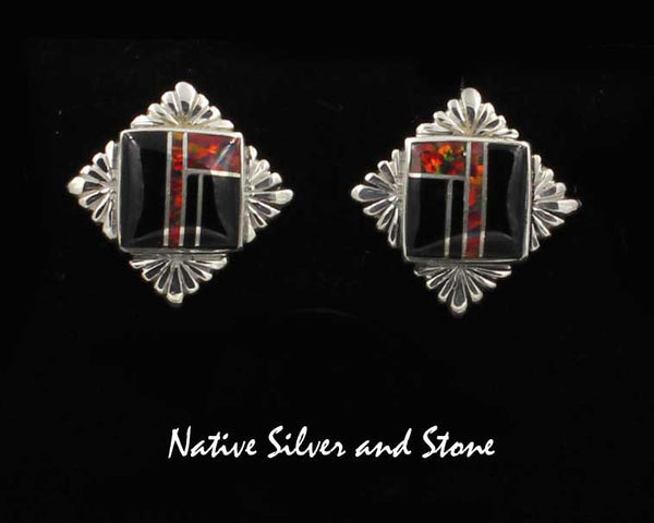 Stoneweaver - Navajo Jewelry<br>Square Earrings - Post<br>Onyx, & Black Cherry Opal