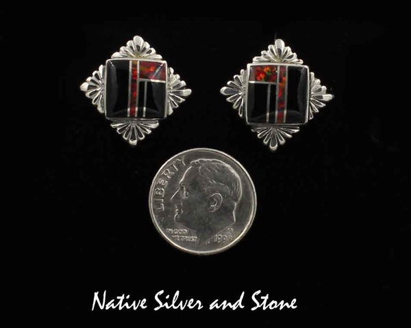 Stoneweaver - Navajo Jewelry<br>Square Earrings - Post<br>Onyx, & Black Cherry Opal