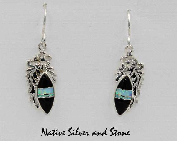 Z Stoneweaver<br>Navajo Jewelry-Handmade<br>Earrings - French Wire Multi-Inlay<br>Small Sharp Oval of Onyx &<br>Opal with Silver Filagree Accents