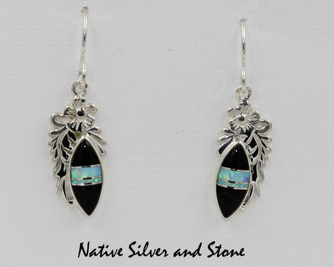 Z Stoneweaver<br>Navajo Jewelry-Handmade<br>Earrings - French Wire Multi-Inlay<br>Small Sharp Oval of Onyx &<br>Opal with Silver Filagree Accents