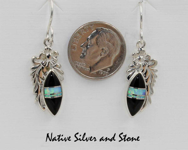 Z Stoneweaver<br>Navajo Jewelry-Handmade<br>Earrings - French Wire Multi-Inlay<br>Small Sharp Oval of Onyx &<br>Opal with Silver Filagree Accents