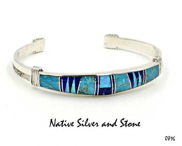Z Stoneweaver Navajo<br>Bracelet - Cuff<br>Graduated 3/8" to 1/4" Multi-Inlay<br>Turquoise, Lapis, & Imitation Opal<br>6-1/4 (Small)