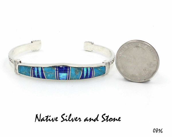 Z Stoneweaver Navajo<br>Bracelet - Cuff<br>Graduated 3/8" to 1/4" Multi-Inlay<br>Turquoise, Lapis, & Imitation Opal<br>6-1/4 (Small)