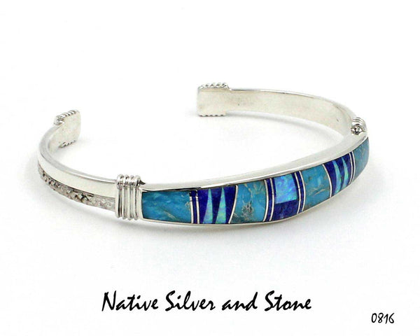 Z Stoneweaver Navajo<br>Bracelet - Cuff<br>Graduated 3/8" to 1/4" Multi-Inlay<br>Turquoise, Lapis, & Imitation Opal<br>6-1/4 (Small)