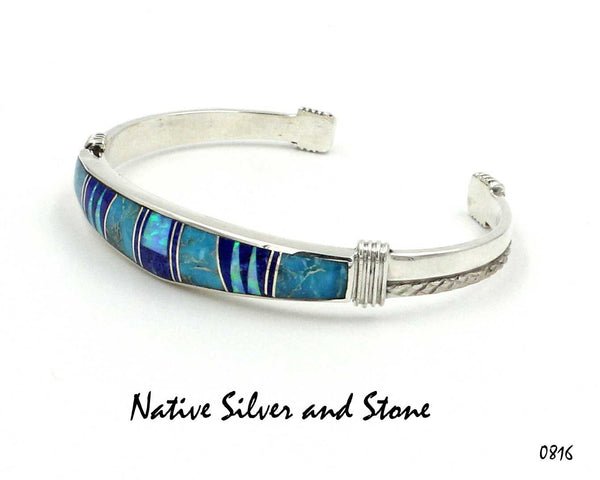 Z Stoneweaver Navajo<br>Bracelet - Cuff<br>Graduated 3/8" to 1/4" Multi-Inlay<br>Turquoise, Lapis, & Imitation Opal<br>6-1/4 (Small)