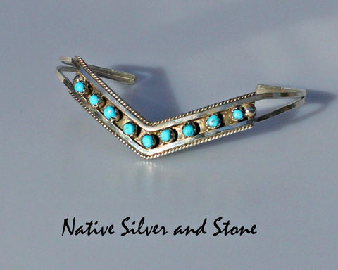 Z Sue Leekity - Zuni<br>Bracelet - Cuff<br>"V" with (9) Turquoise Dots<br>Sterling Silver<br>Size 6-1/4 (Medium-Small)