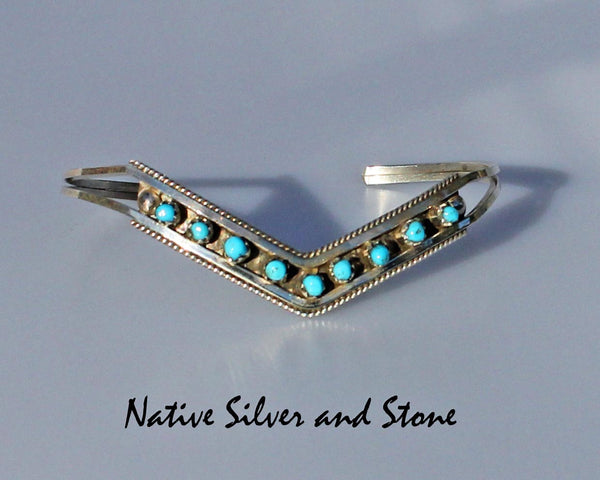 Z Sue Leekity - Zuni<br>Bracelet - Cuff<br>"V" with (9) Turquoise Dots<br>Sterling Silver<br>Size 6-1/4 (Medium-Small)