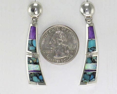 Z Supersmith - David Rosales<br> Navajo Handcrafted<br>Earrings - Multi-Inlay Post Dangle<br>"Shalako" -  N153-L2<br>Sugilite, Chinese Turquoise, Lab Opal