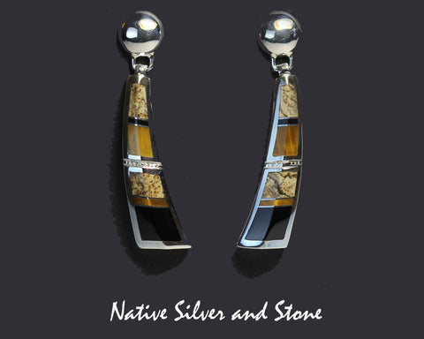 Z Supersmith - David Rosales<br> Navajo Handcrafted<br>2" Earrings - "Native Earth"<br>Picture Jasper, Black Jade, Tiger Eye<br>Dangle Post<br>ER153-L1