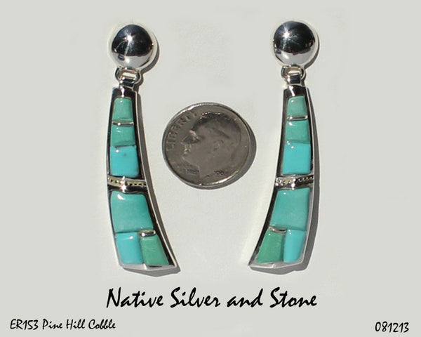 Z Supersmith - David Rosales<br> Navajo Handcrafted<br>Earrings - Multi-Inlay Post Dangle<br>"Pine Hill Cobble" -  ER153<br>Variscite, Sleeping Beauty Turquoise & Chinese Turquoise<br>Sterling Silver