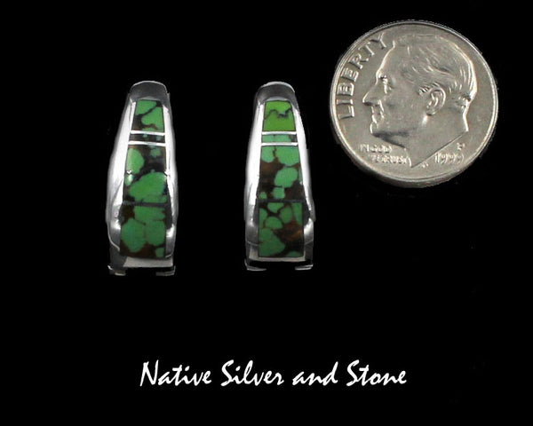 Z Supersmith-David Rosales<br>13/16" Earrings - Latching Post<br>Chinese Green Turquoise<br>Reversible Silver Side<br>ER060 Chaparral Multi-Inlay<br>