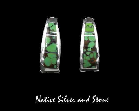 Z Supersmith-David Rosales<br>13/16" Earrings - Latching Post<br>Chinese Green Turquoise<br>Reversible Silver Side<br>ER060 Chaparral Multi-Inlay<br>