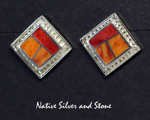 Z Supersmith-David Rosales<br>Earrings Post/Stud<br>ER296 Desert Fire Multi-Inlay<br>Orange Spiny & Red Spiny