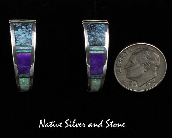 Z Supersmith-David Rosales<br>1" Earrings - Post<br>Sugilite, Chinese Turquoise,<br>& Imitation Opal<br>ER085  Shalako Multi-Inlay<br>Sterling Silver