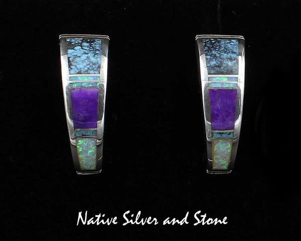 Z Supersmith-David Rosales<br>1" Earrings - Post<br>Sugilite, Chinese Turquoise,<br>& Imitation Opal<br>ER085  Shalako Multi-Inlay<br>Sterling Silver