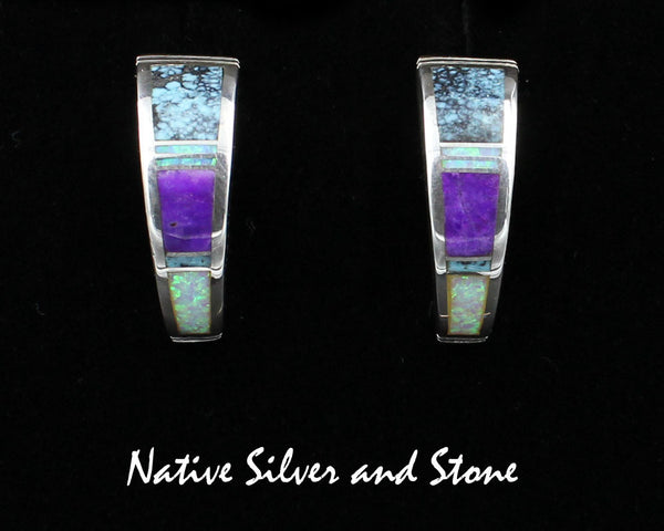 Z Supersmith-David Rosales<br>1" Earrings - Post<br>Sugilite, Chinese Turquoise,<br>& Imitation Opal<br>ER085  Shalako Multi-Inlay<br>Sterling Silver