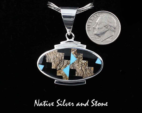 Z Supersmith-David Rosales<br>15/16" Pendant<br>Picture Jasper, Black Jade, &<br>Sleeping Beauty Turquoise<br>"Turquoise Creek" - P229 <br>Multi-Inlay<br>Sterling Silver