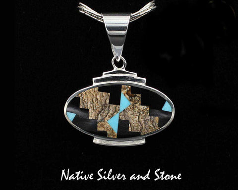 Z Supersmith-David Rosales<br>15/16" Pendant<br>Picture Jasper, Black Jade, &<br>Sleeping Beauty Turquoise<br>"Turquoise Creek" - P229 <br>Multi-Inlay<br>Sterling Silver