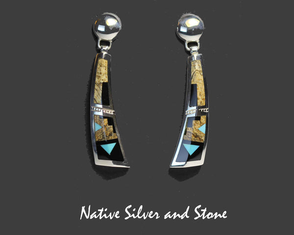 Z Supersmith-David Rosales<br> 2" Earrings<br>Picture Jasper, Black Jade, &<br>Sleeping Beauty Turquoise<br>"Turquoise Creek" -  ER153<br>Multi-Inlay<br>Dangle Post<br>Sterling Silver