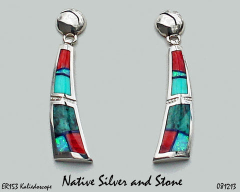 Z Supersmith - David Rosales<br> Navajo Handcrafted<br>Earrings - Multi-Inlay Post Dangle<br>"Kaleidoscope" -  ER153-L3<br>Orange Spiny, Lapis, 2 Types Turquoise, Lab Opal