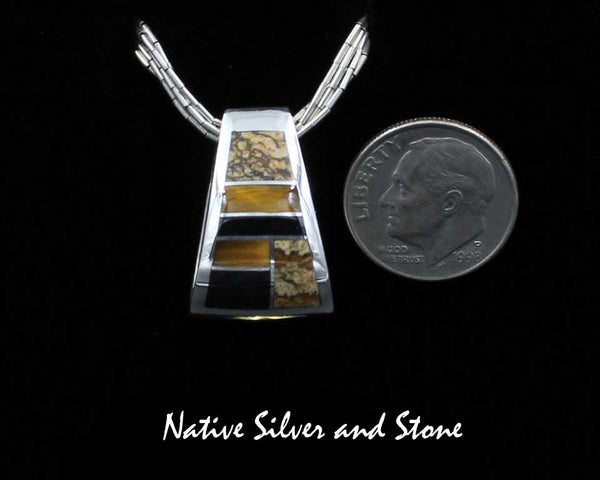 Z Supersmith-David Rosales<br>7/8" Pendant - Bell Slide<br>Picture Jasper, Tiger Eye, Black Jade<br>P222 "Native Earth"<br>Sterling Silver