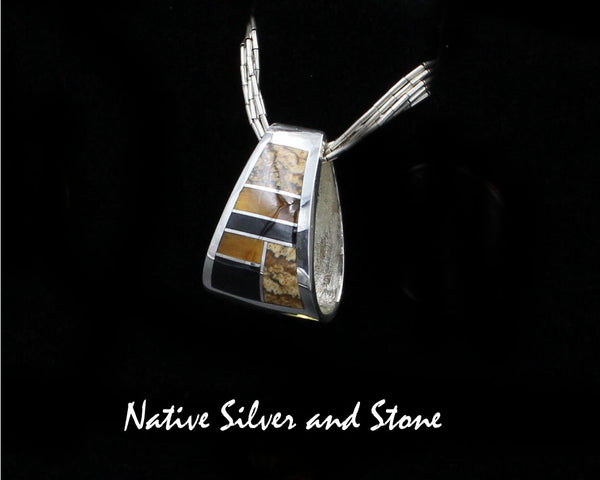 Z Supersmith-David Rosales<br>7/8" Pendant - Bell Slide<br>Picture Jasper, Tiger Eye, Black Jade<br>P222 "Native Earth"<br>Sterling Silver
