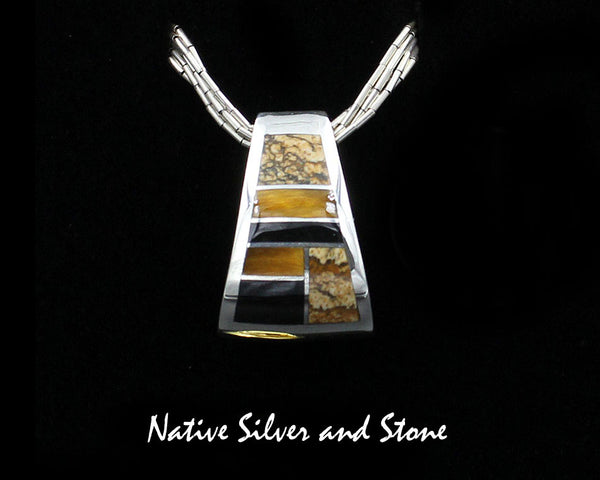 Z Supersmith-David Rosales<br>7/8" Pendant - Bell Slide<br>Picture Jasper, Tiger Eye, Black Jade<br>P222 "Native Earth"<br>Sterling Silver
