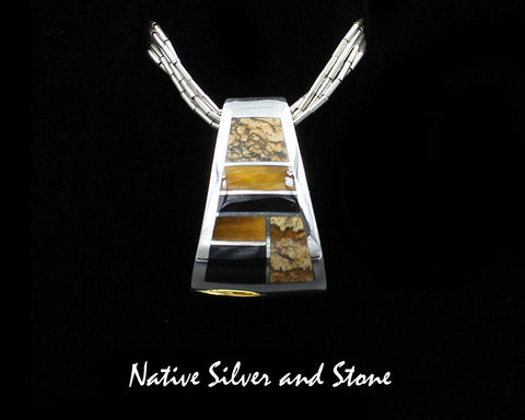 Z Supersmith-David Rosales<br>7/8" Pendant - Bell Slide<br>Picture Jasper, Tiger Eye, Black Jade<br>P222 "Native Earth"<br>Sterling Silver