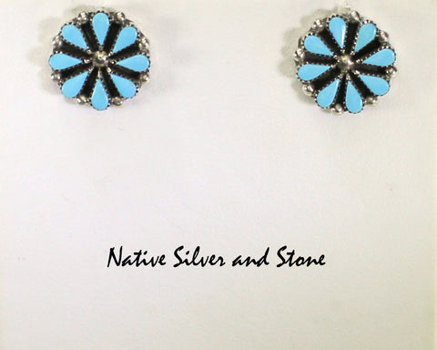 Miscellaneous Artist (Zuni)<br>Earrings - Post<br>Wagonwheel of Needlepoint<br>Sleeping Beauty Turquoise
