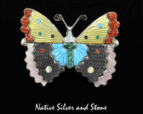 Tamara Pinto (Zuni)<br>Multi-Inlay-Large Butterfly Pendant/Pin<br>Turquoise, Coral, Jet, Shells