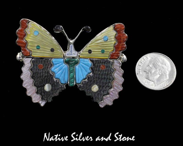 Tamara Pinto (Zuni)<br>Multi-Inlay-Large Butterfly Pendant/Pin<br>Turquoise, Coral, Jet, Shells