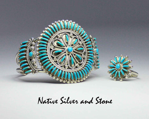 Z Terry Loncasion - Zuni Jewelry<br>Bracelet Cuff 2" Needlepoint<br>77 Segments of Sleeping Beauty Turquoise<br>Set in Sterling Silver<br>with 26 Silver Bead Accents and More<br>Size 6-1/2 (Medium)<br>RIng  Size 7-3/4"