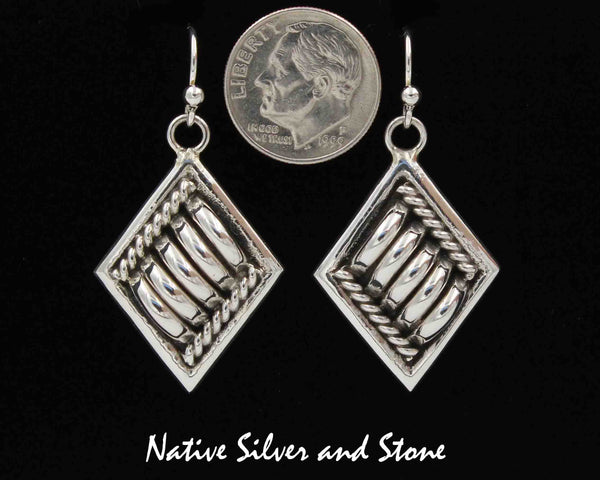 Z Thomas Charley/Thomas Charlie<br>1-1/8" Navajo Earrings<br>Segmented Diamonds<br>Hook<br>Sterling Silver 0218
