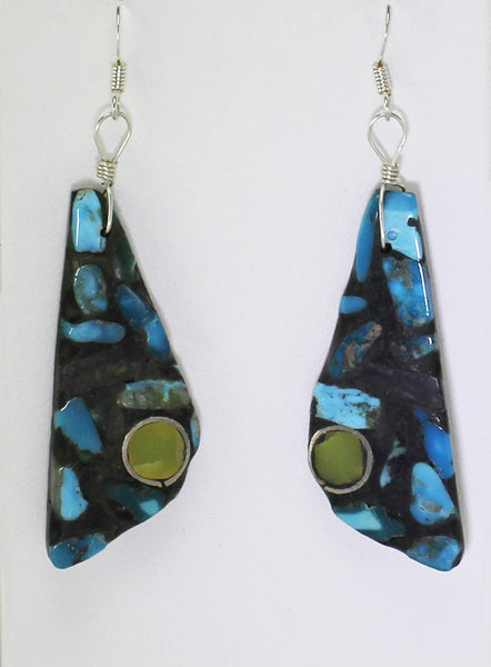 Z Timothy Bailon - Ke-Wa Santo Domingo Jewelry<br>Medium-Small Triangle Earrings<br>French Wire Metal Eye<br>Mosaic Turquoise<br>Multi-Inlay