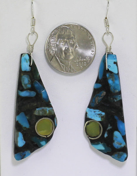 Z Timothy Bailon - Ke-Wa Santo Domingo Jewelry<br>Medium-Small Triangle Earrings<br>French Wire Metal Eye<br>Mosaic Turquoise<br>Multi-Inlay