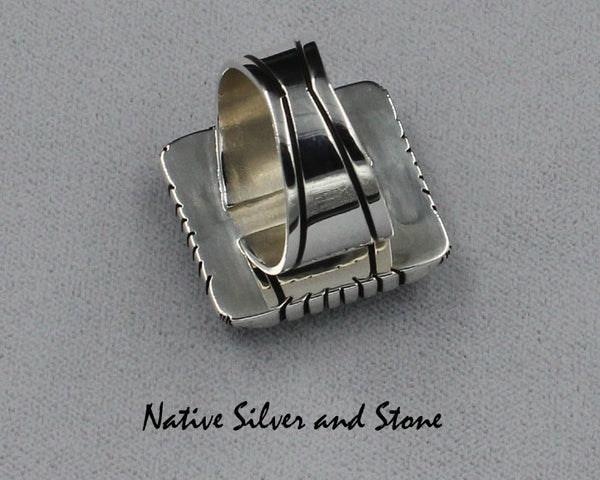 Tim Bedah (Deceased) - Navajo Jewelry<br>Handmade Ring<br>Turquoise - Large Rectangle<br>Heavy Silver Saw Cut Perimeter<br>Size 10-1/2